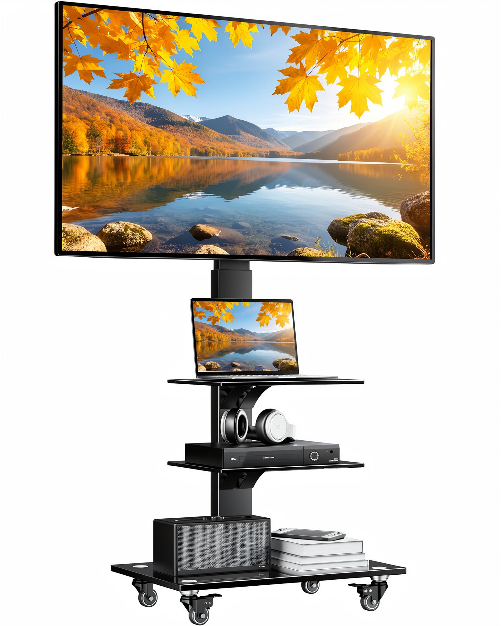 BONTEC Supporto TV da Pavimento per TV da 30-70 Pollici con Ruote, Altezza Regolabile, VESA fino a 600x400mm, Ripiani in Vetro Temperato, di 3 ripiani, Fino a 25 kg