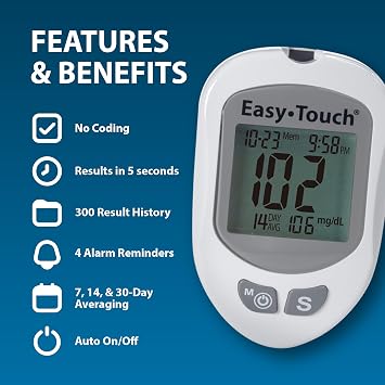 EasyTouch Blood Glucose Monitoring System (Test Strips Sold Separately) | Fast, Accurate, Easy-to-Use Meter for Daily Testing, Includes Meter, Lancing Device & 10 Lancets