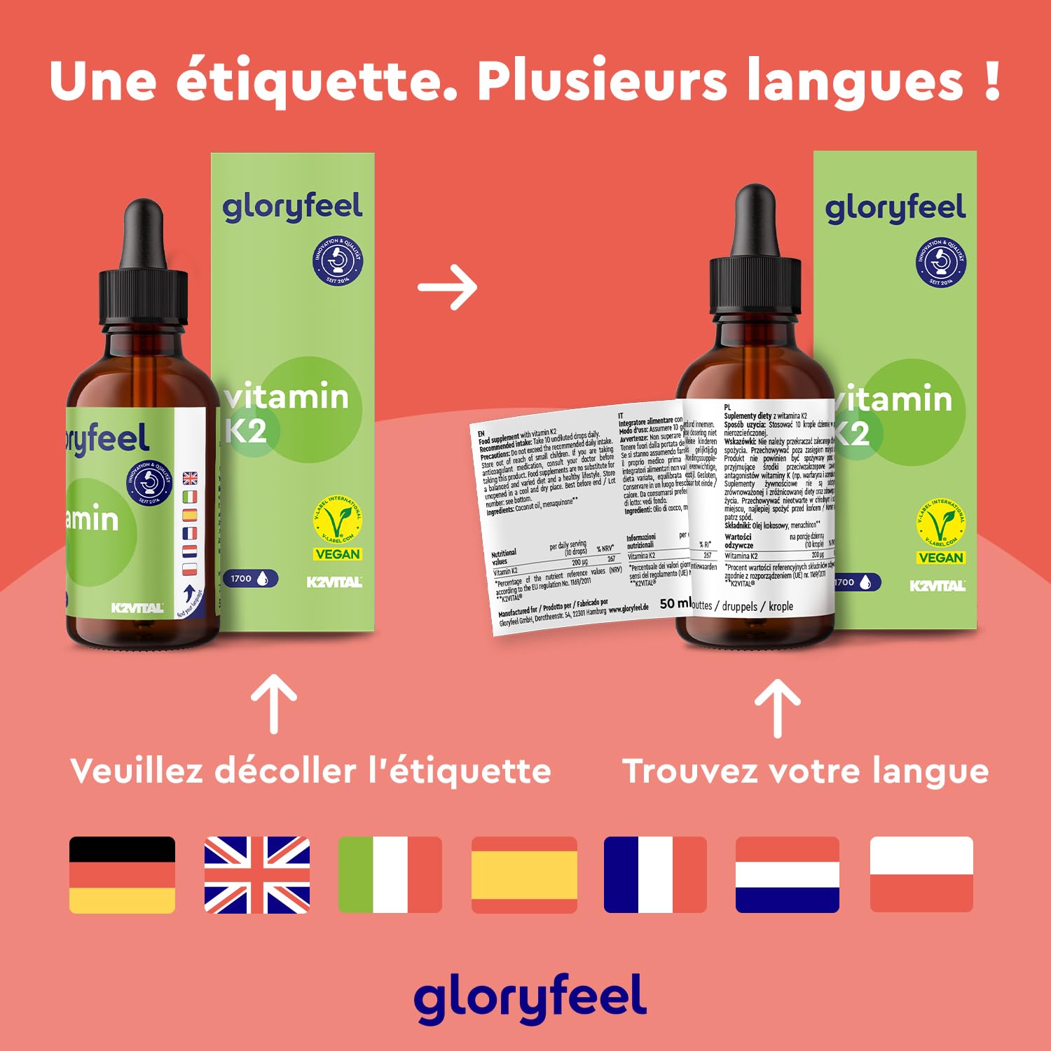 Vitamine K2 MK-7 200µg, 1700 Gouttes, 50ml Premium 99,7+% Teneur All-Trans (K2VITAL® de Kappa), Naturellement Fermenté et Sans Additifs, Testé en laboratoire