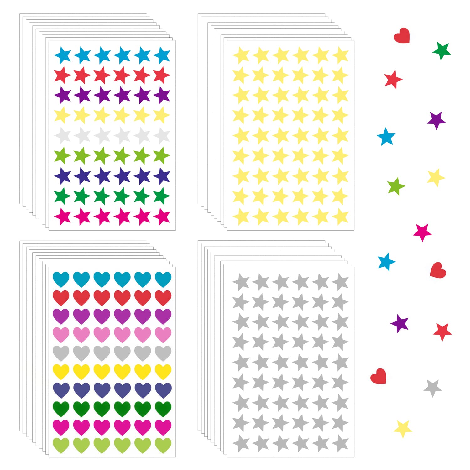 30 pegatinas de estrellas, 10 pegatinas de corazones, pegatinas de estrellas de papel de aluminio de 1,3 cm, pegatinas de recompensa para niños, adecuadas para las escuelas (colores dorado y plateado)