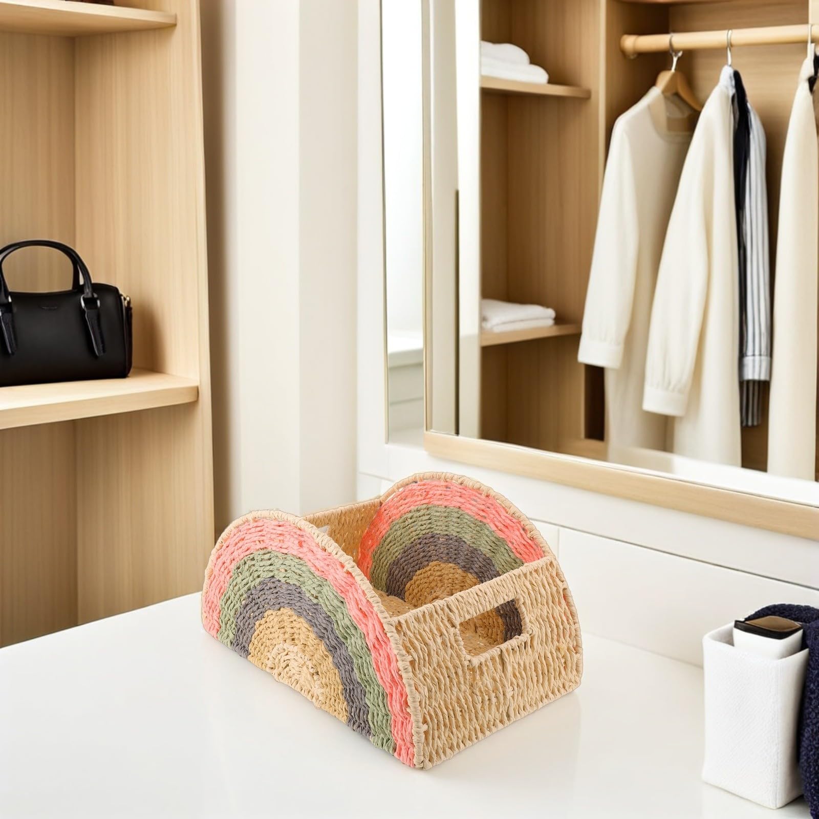 SHINEOFI Cesto Portaoggetti Decorativo a Forma di Arcobaleno in Corda di Carta e Metallo, Facile da Pulire Ampio Spazio per Ufficio e Soggiorno