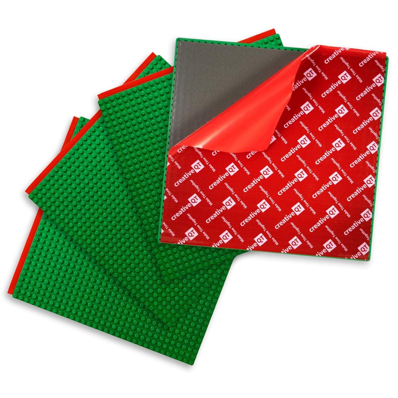 Creative QT Build-on-Wall Peel-and-Stick Baseplates - 10 x 10 in, Green, 4-Pack - Stackable Block Play & Creative Building Toys on Play Tables & Walls - Compatible with All Major Brick Brands