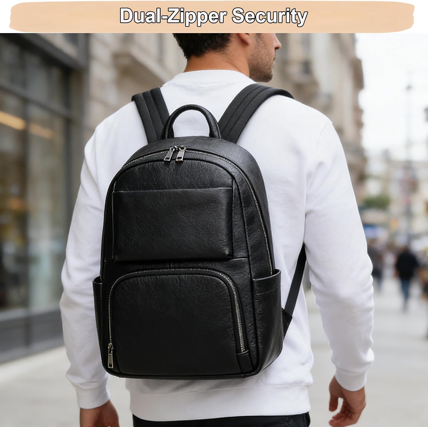 Genuine Leather 15.6 Inch Laptop Backpack for Men, Multi Pocket Casual Daypack Shoulder Bag for Business Travel Outdoor, Black