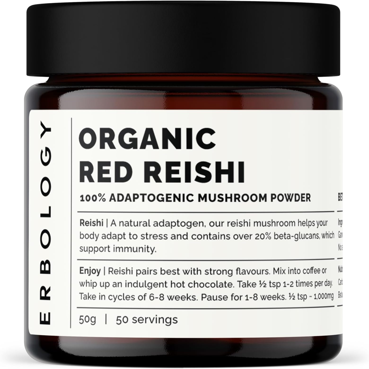 Erbology Organic Reishi Powder 50g - 100% Adaptogen Mushroom - 20% Beta-Glucan - Starch Free - Made in EuropeEU OrganicUSDA Organic