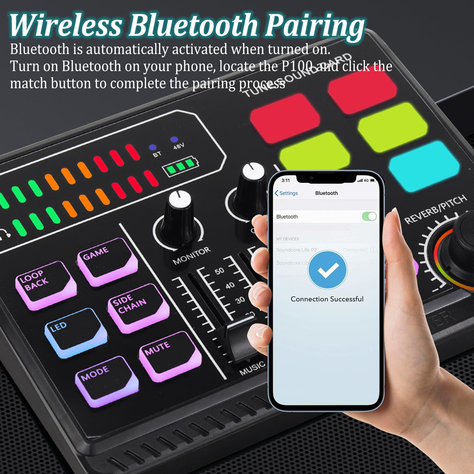 Mixer audio da gioco con 48 V Phantom Power, RGB PC mixer per streaming, mixer RGB per microfono XLR, mixer audio per PC/Phone/Gamer Creators/Live/YouTube/Personalizzato