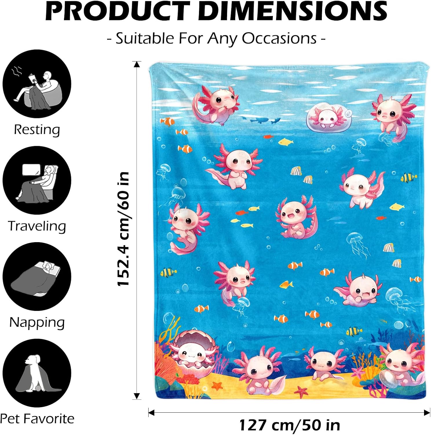 Axolotl Blanket 50x60 Inches, Super Soft Plush Fleece Throw Blanket, Cute Animal Gifts for Girls Boys Kids Teens, Cozy Bedding for Bed Couch, Lightweight & Warm image 2