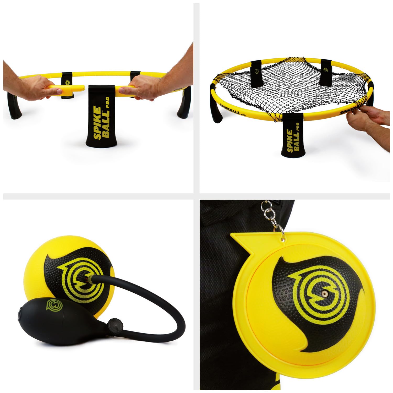 Spikeball Reaktionsspiel Pro | Bruchsicherer Kunststoff Rahmen, reißfestes Netz, Bälle mit Noppenstruktur, Ballpumpe | Mit Rucksack | Schwarz Gelb | Für Outdoor Teamspiel Fitness