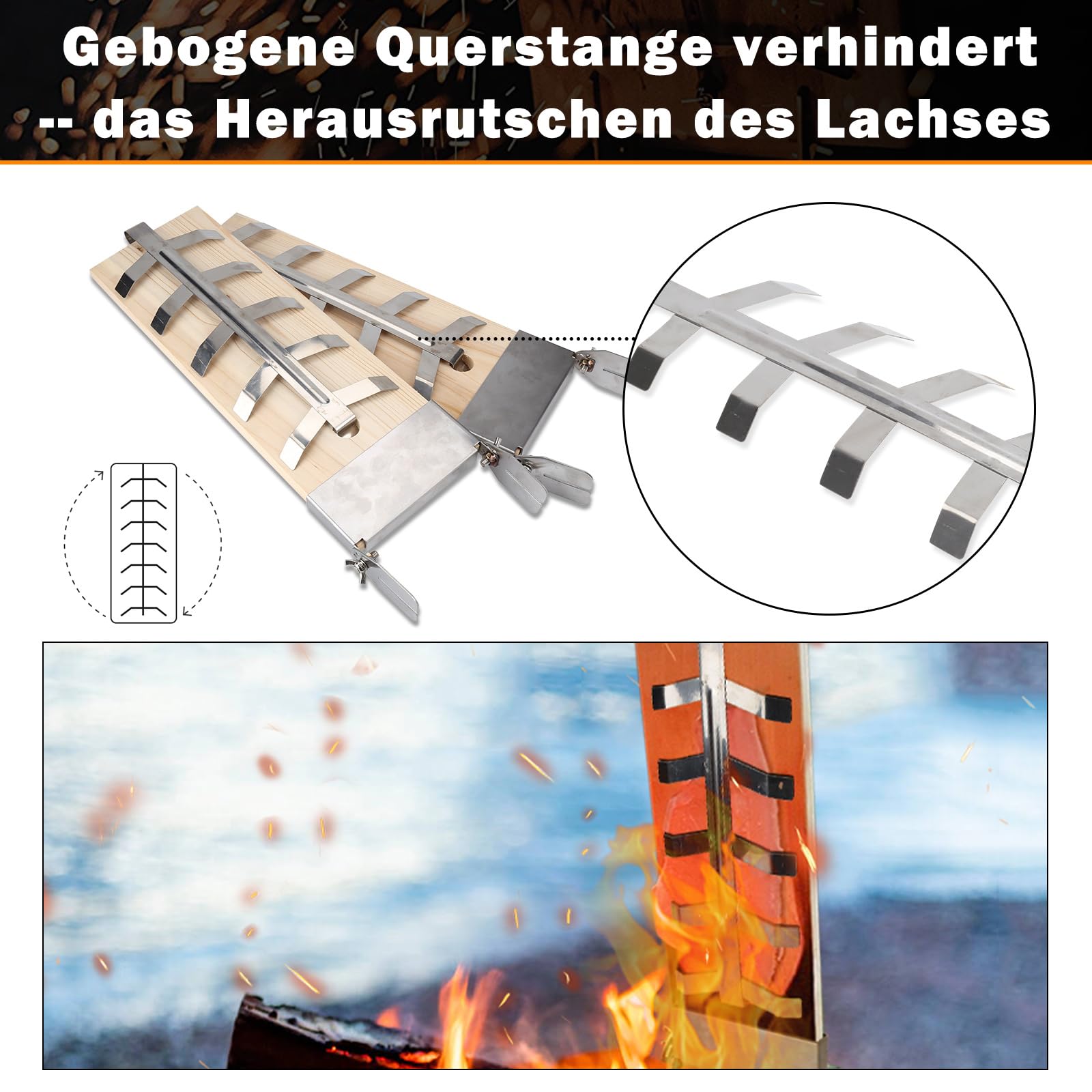 Flammlachsbrett 2er Set, Lachsbretter zum Grillen aus Zedernholz mit Edelstahlhalterung, 5 Winkelstufen, 46 x 15,5 cm, für Feuerschale Grill Feuerkorb