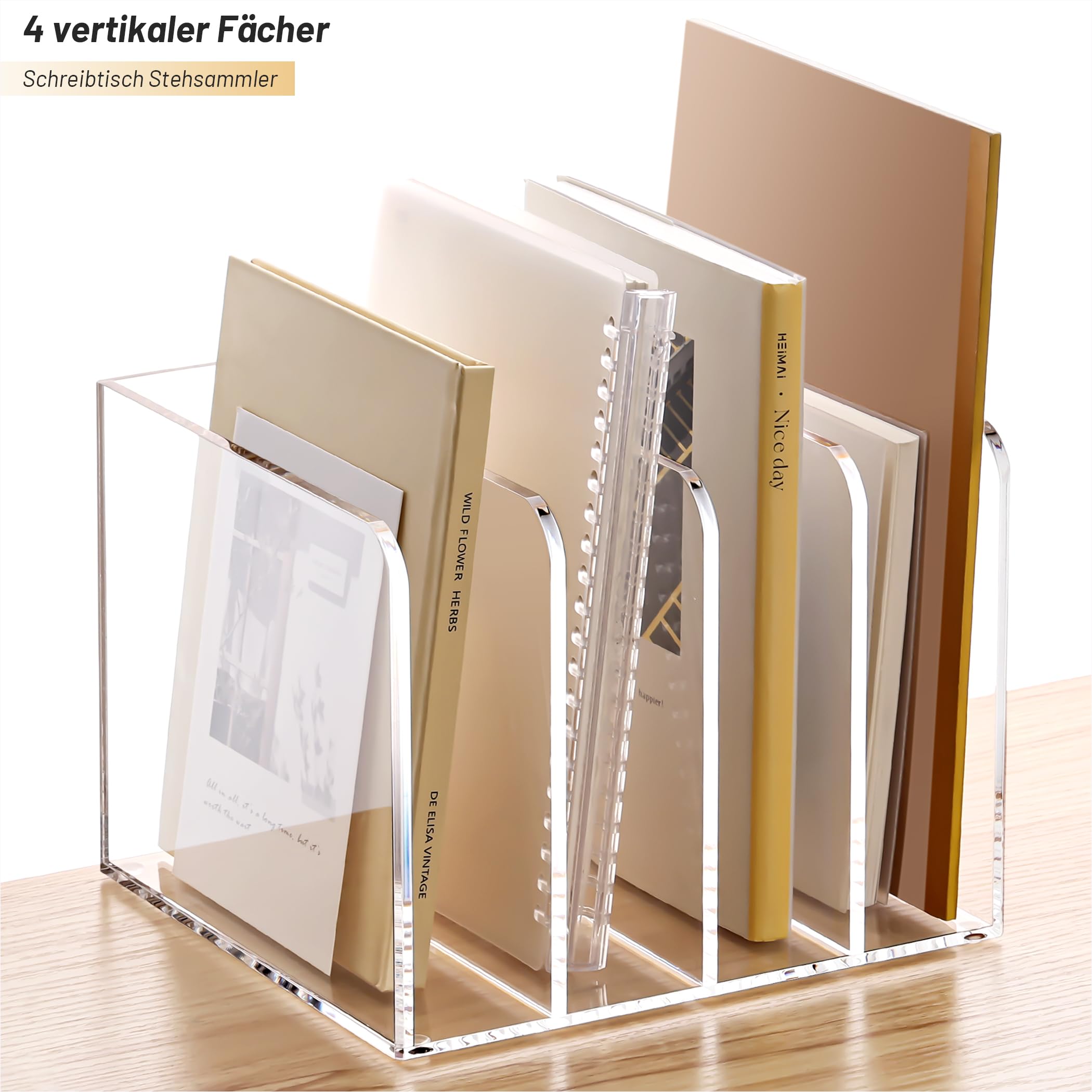 SANRUI Premium Zeitschriftenhalter Acryl (4 Fächer) - Glasklarer Zeitschriftensammler & Schreibtisch Buchstütze, Moderner Aktenordner Stehsammler für Büro, Home Office & Deko, 16x21x18.5 cm