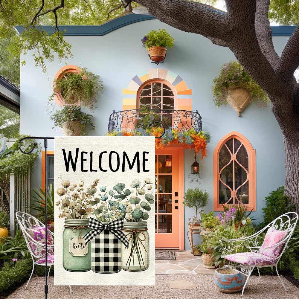 Welcome Spring Garden Flag 12x18 Inch Double Sided Burlap Buffalo Plaid Mason Jar Colorful Floral Small Flowers Butterfly Seasonal Yard Lawn Spring Garden Flags For Outside - Image 2