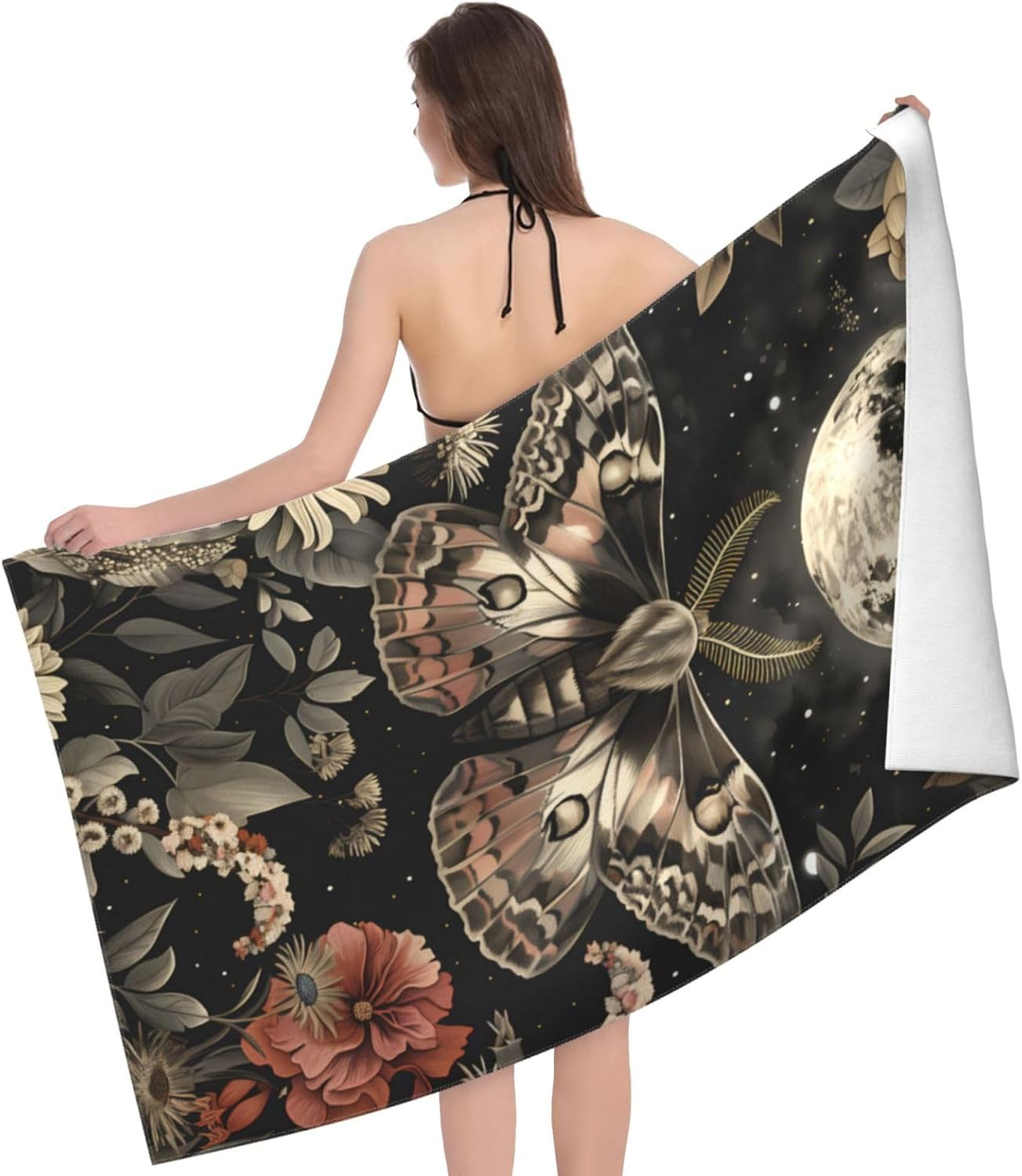 Retro Moth Beach Towel, 32x52in Microfiber Quick Dry Moon Floral Vintage Botanical Flower Night Sky Bath Towels, Soft Lightweight Oversized Sand Free, for Travel Pool Swimming Gym Decor, Gifts
