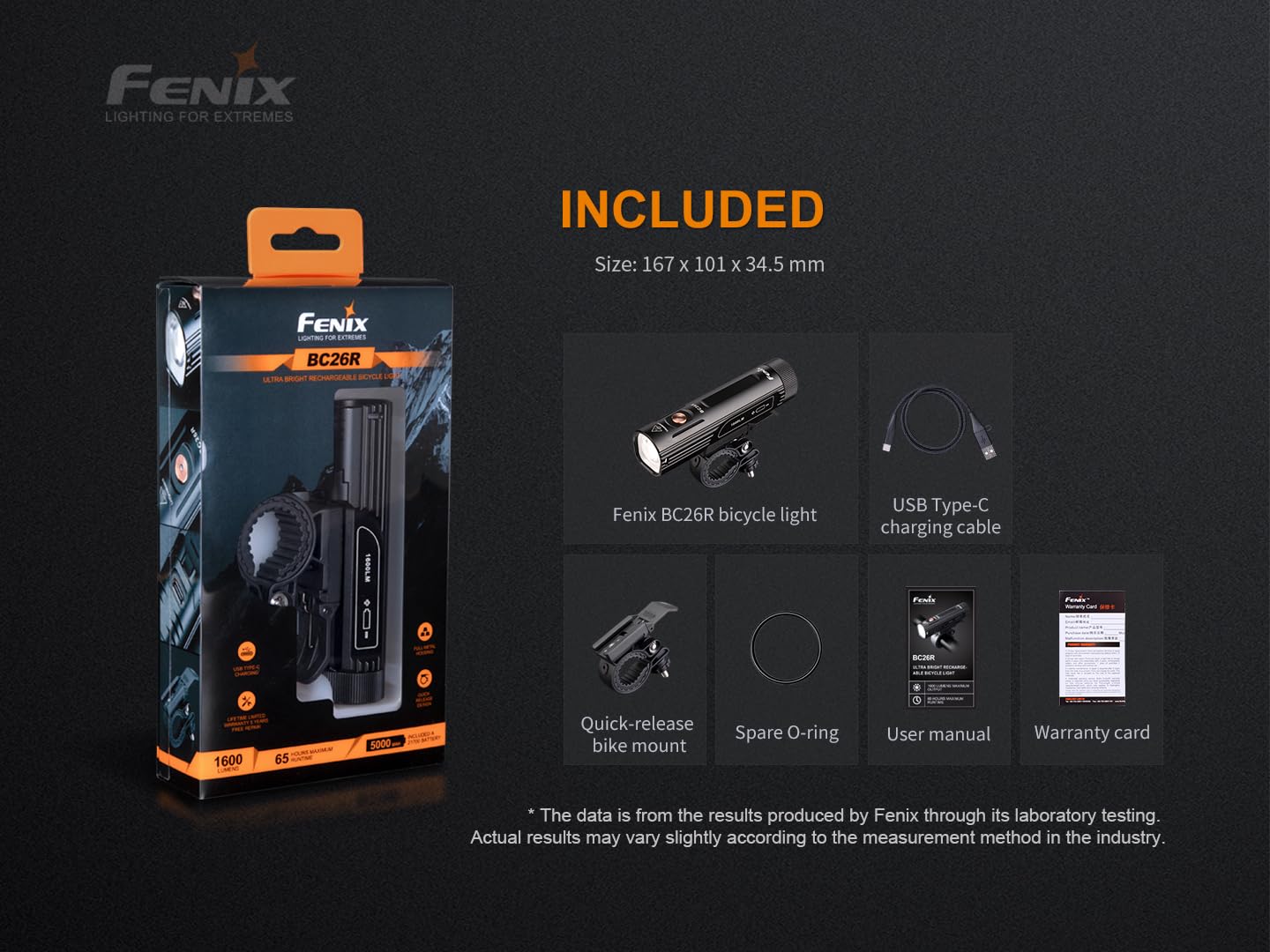 Fenix BC26R 21700 Lampe de vélo Rechargeable avec Batterie Haute capacité 5000 mAh Noir