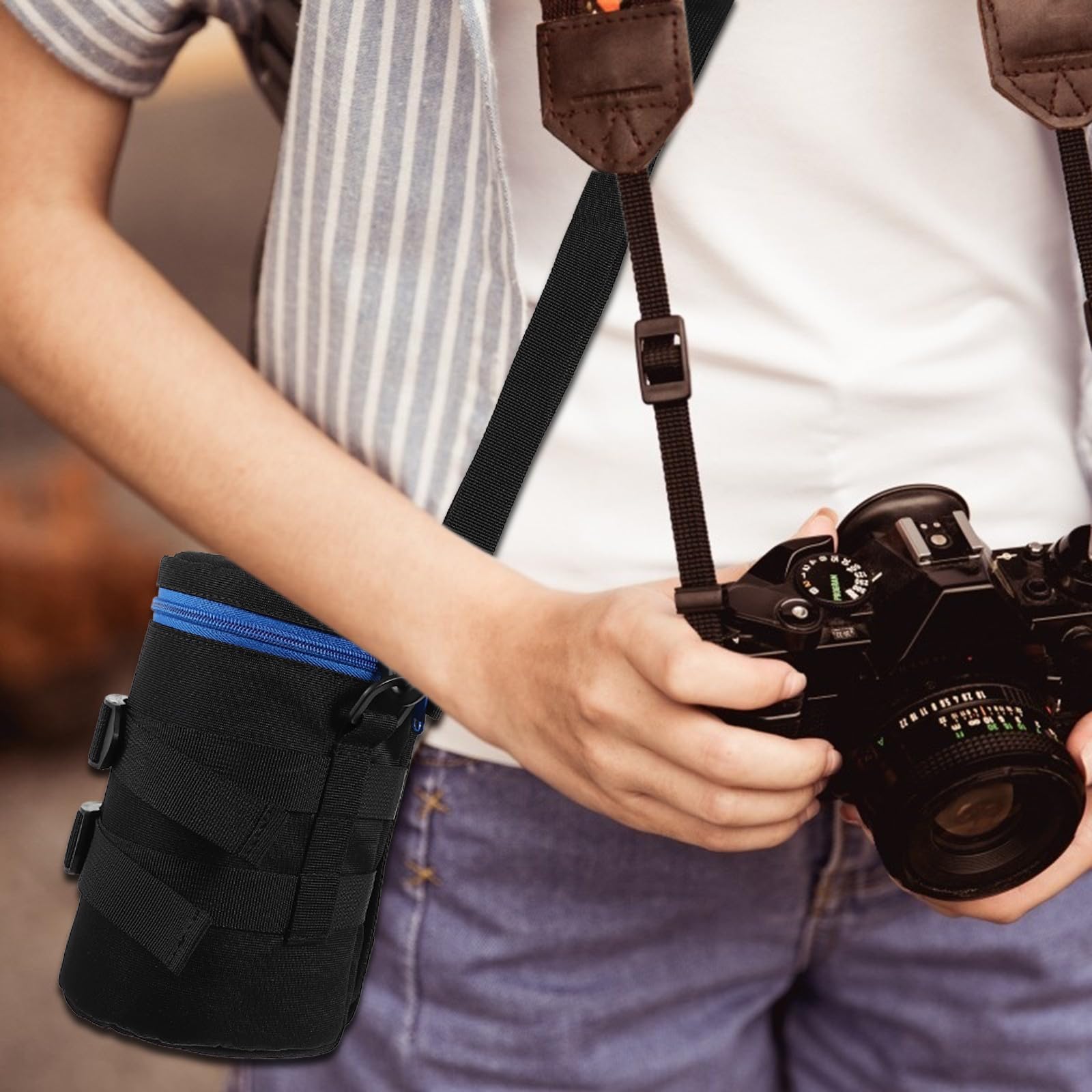 Ipetboom Borsa Porta Obiettivo per Macchina Fotografica Reflex Compatta in Poliestere Nero Cintura, per Fotografi in Movimento