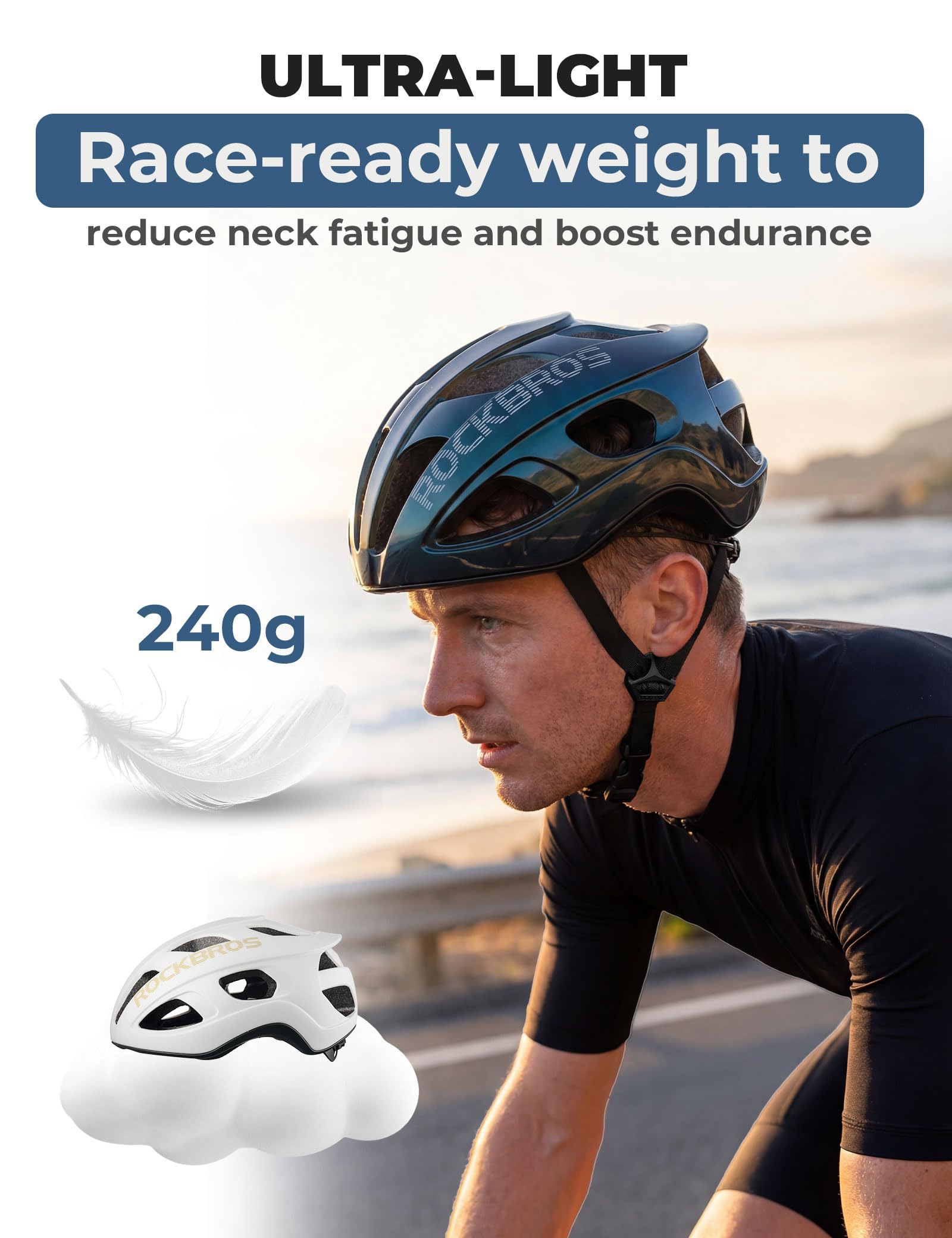 ROCKBROS Casco da bici, leggero e regolabile, per mountain bike e bici da strada, per adulti, 240 g, aerodinamica, ultraleggero, per uomo e donna, mountain bike, ibrido, pendolarismo, ghiaia, 58-62 cm