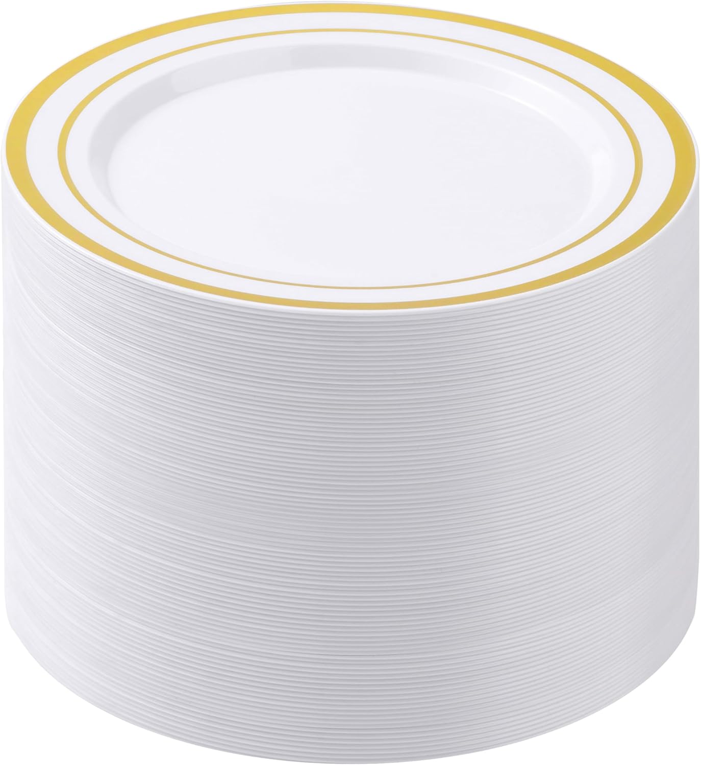 BESTSTAR 100PCS White Plastic Plates for Party, 10.25 Inch Disposable Plates with Gold Rim, Heavy Duty Dinner Plates for Party, Wedding and Birthday