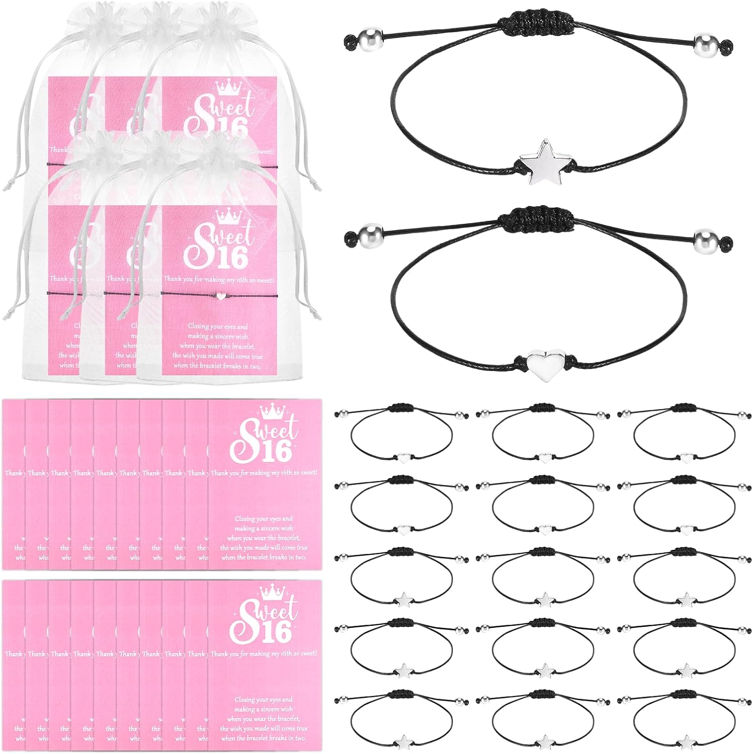 Sweet 16 Party Favors for Guests 25 Set Adjustable Charm Bracelets Bulk with Thank You Cards Sweet Party Decorations Birthday Gifts for 16th Birthday Decorations