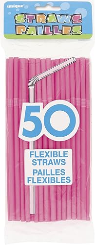 Pajitas flexibles de plástico color rosa intenso 50 unidades