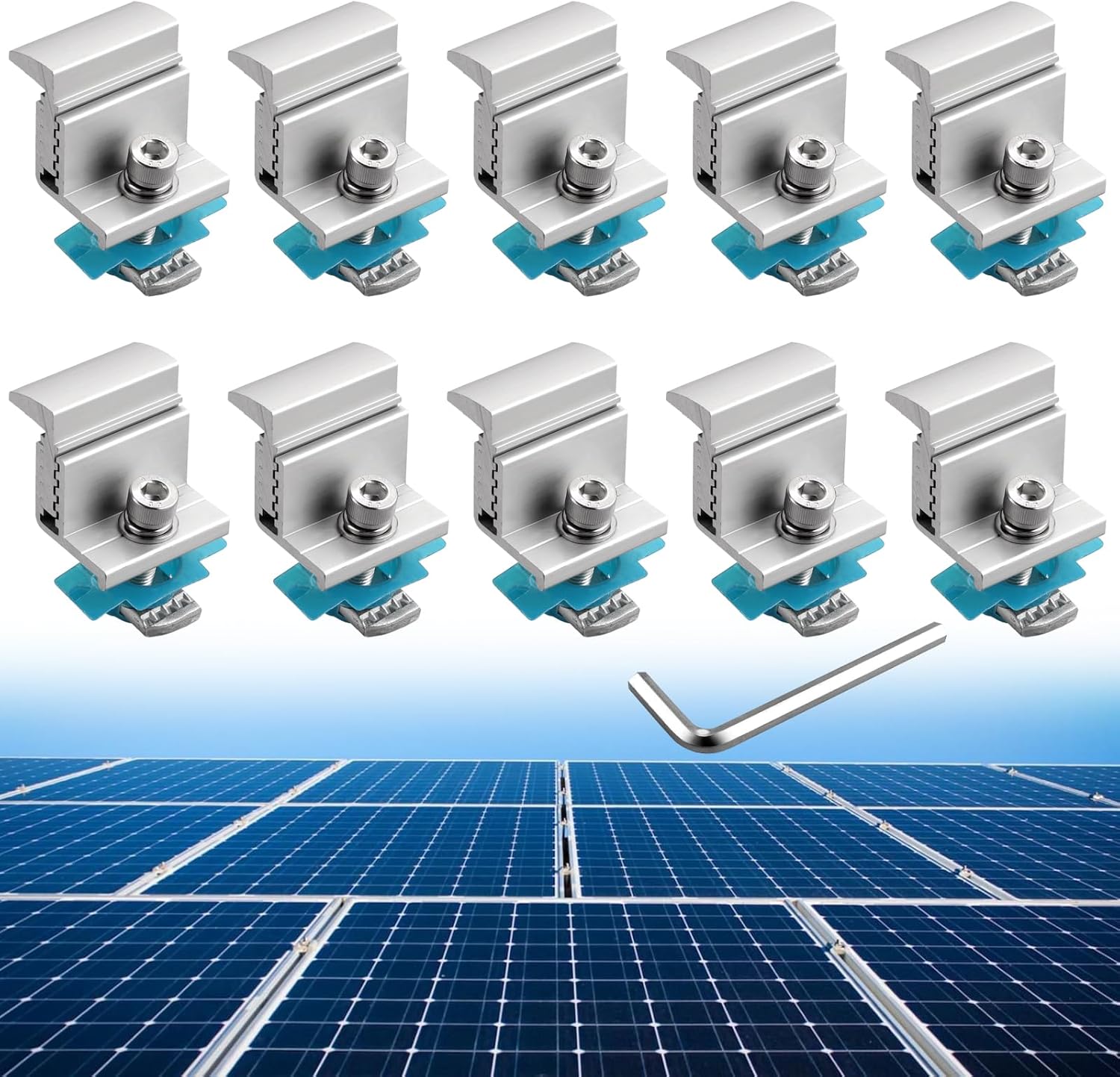 Anbte 10pcs Adjustable Solar Panel End Clamp for Unistrut, 30-50mm Aluminum Solar Panel Mounting Brackets with Nuts Bolts and Wrench, for Metal Roof, Tin Roof, Flat Roof, Sheet Roof, RV, Silver