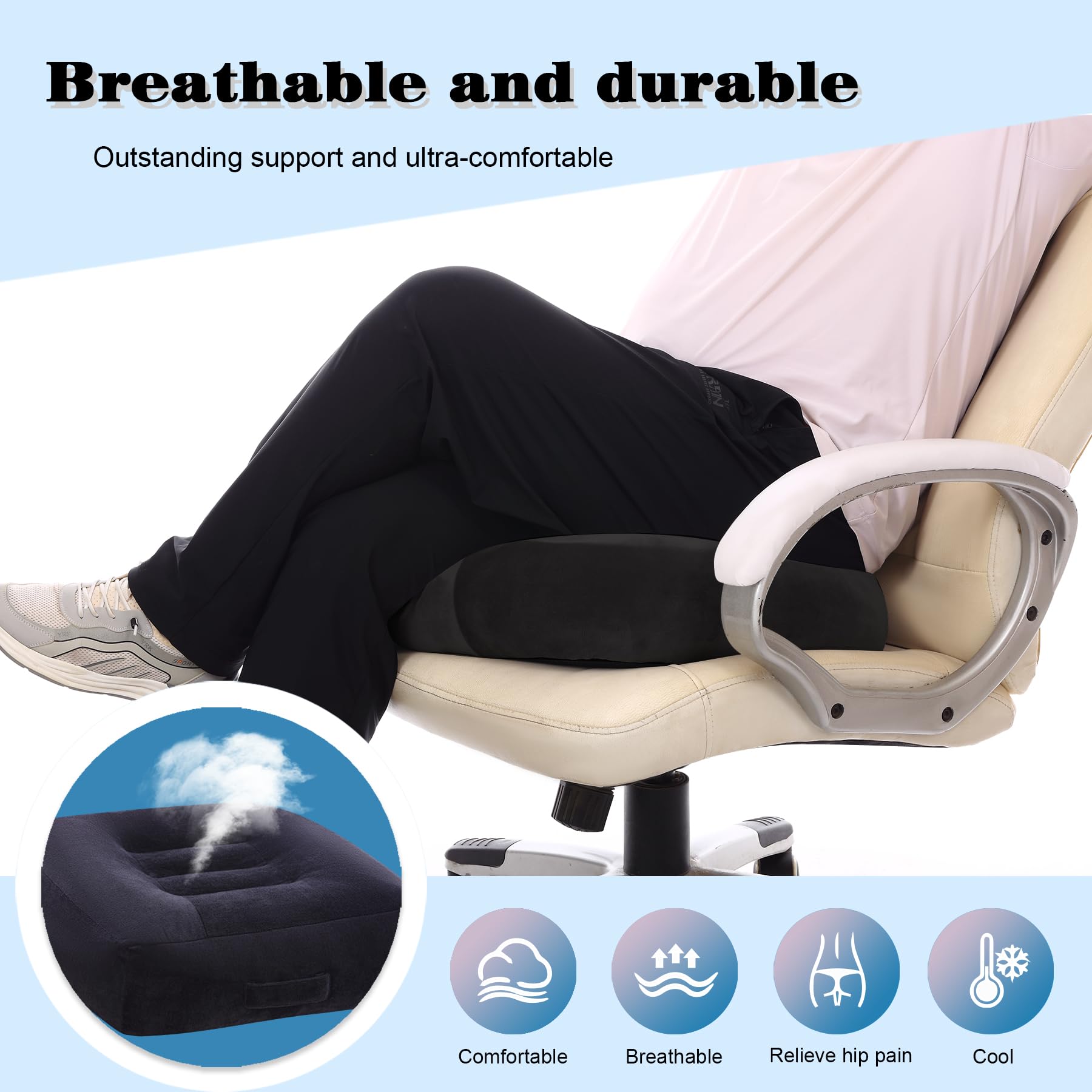 Cojín de asiento extra grande, cojín grueso para silla de oficina, funda de terciopelo con asa y parte inferior antideslizante, relleno de algodón PP, alivio del dolor de coxis (negro, XL)