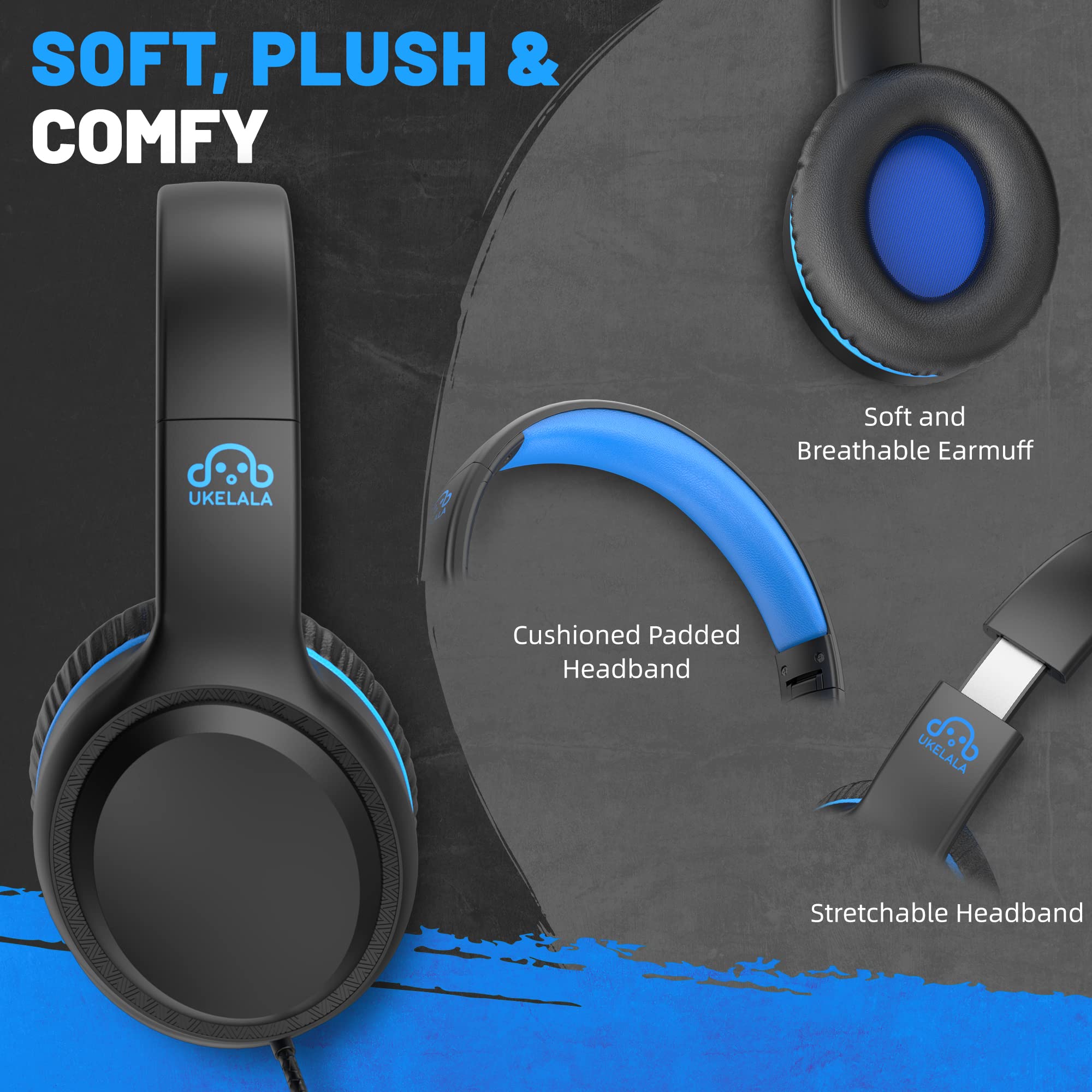 UKELALA Cuffie blu cablate per ragazzi Cuffie pieghevoli con filo per bambini Cuffie stereo portatili compatibili con computer PC Phone per scuola aula