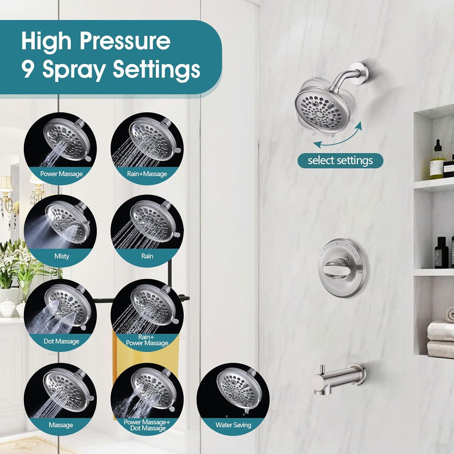Replacement Faucet Shower Trim Kit for Delta 1300/1400 & 13/14 Series, Tub Shower Faucet Set, High Pressure 9-Setting Rain Shower Head - Brushed Nickel (Valve/Cartridge Not Included)