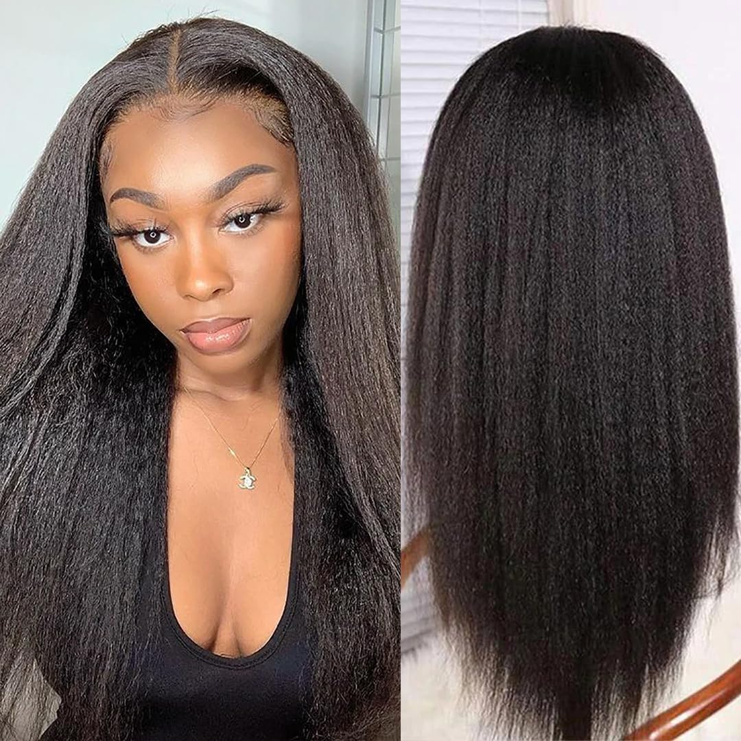 Alidiamond 13X6 Kinky Straight Wig 18inch Pre Plucked Yaki Straight Lace Front Wigs Human Hair 180% Density Natural HD Glueless Wigs Human Hair For
