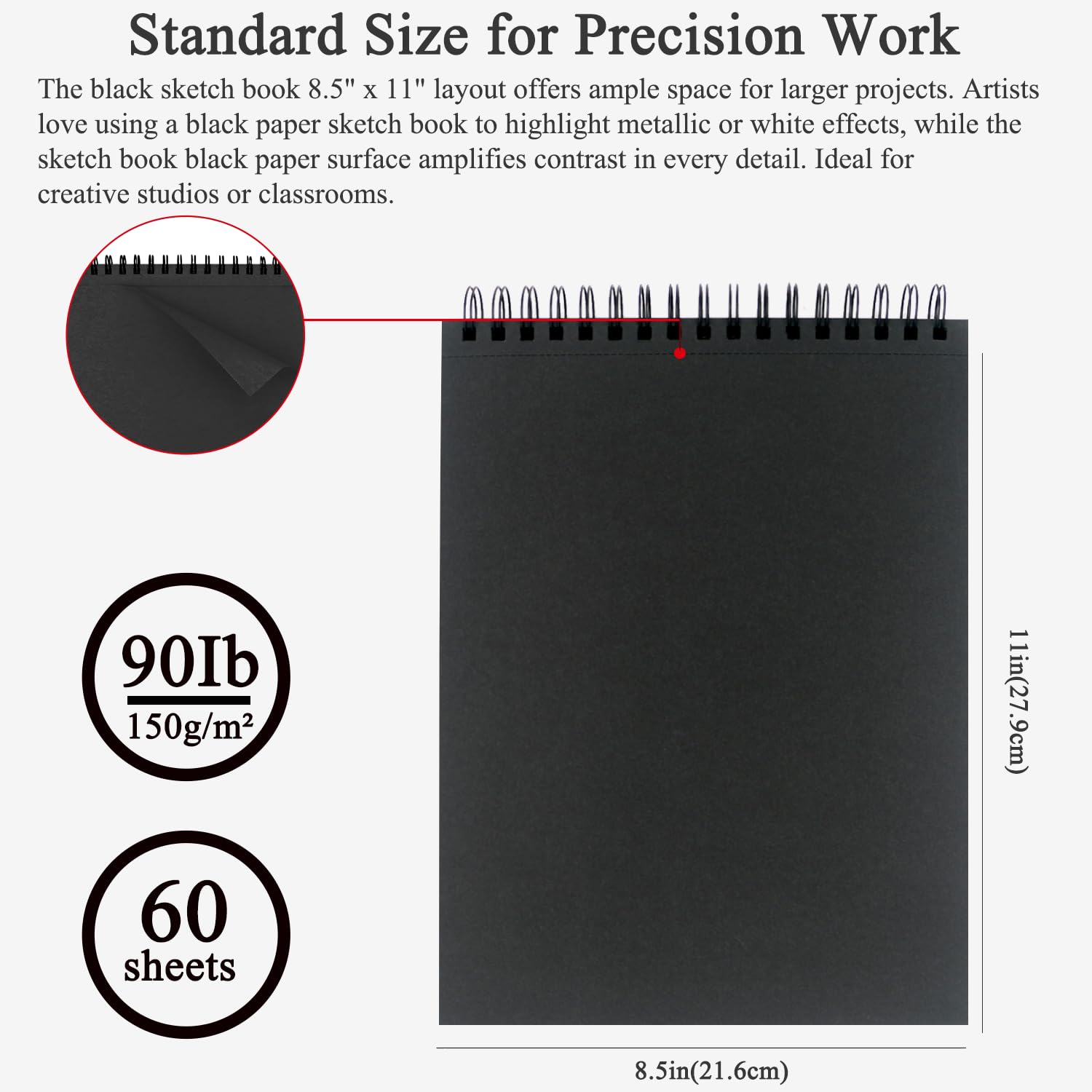 Fuxi Quaderno in carta nera, 60 fogli (100 lb/150 g/m²) a spirale, 8,5 x 11, copertina rigida, forniture artistiche per adulti, perfetto per penne gel e pennarelli acrilici.