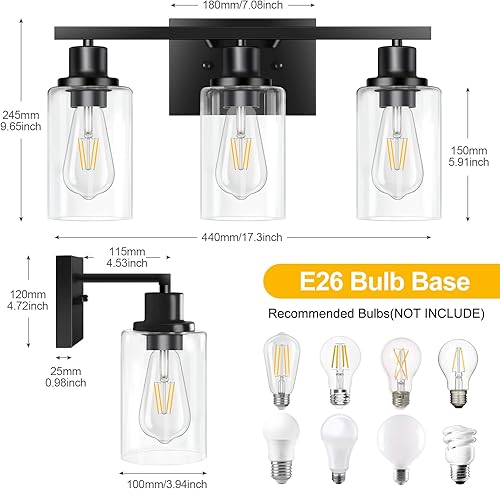 Miniatura 6 de Apenath Lámpara de tocador de 3 luces, color negro mate, accesorios de iluminación de baño sobre espejo, luces de pared de metal modernas para