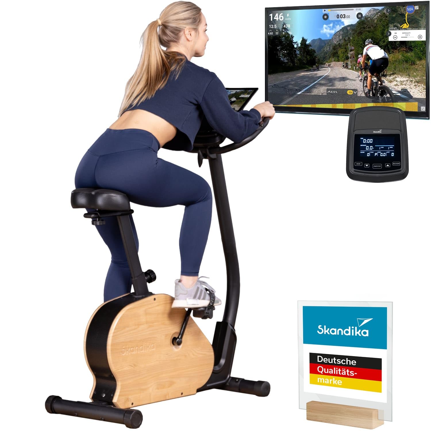 Skandika Ergometer Treliv P8 | Heimtrainer aus Eisen mit MDF Holz, Magnetbremse 32 Stufen, LED Display, 22 Programme, Sattel & Lenker verstellbar, Bluetooth Kinomap App kompatibel, bis 120 kg