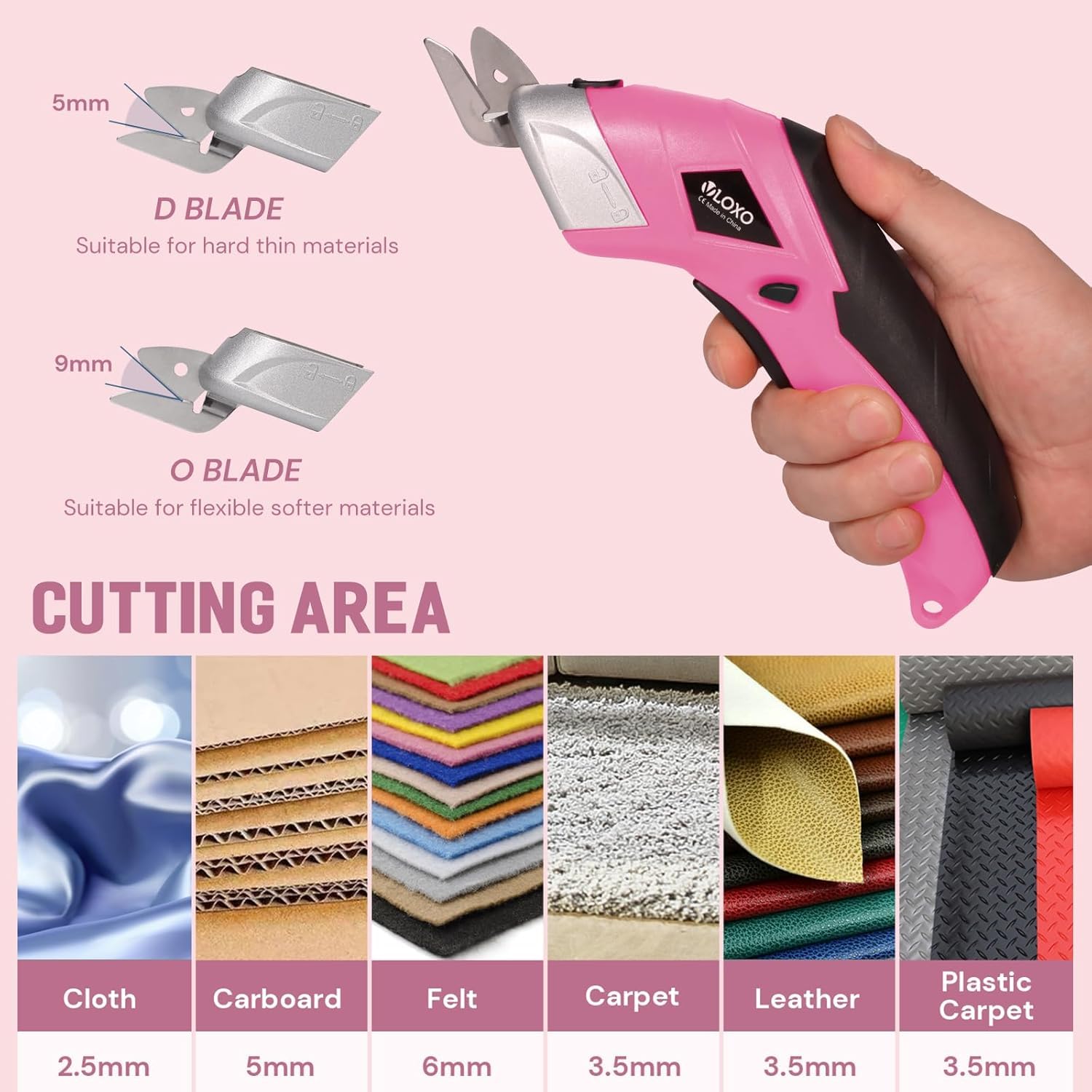 VLOXO Ciseaux Électriques Sans Fil, Ciseaux Electrique Tissu Couture avec 2 Lames, Electric Scissors pour Coupe Tissu, Carton, Cuir, Tapis, Papier, Artisanat et Bricolage – Rose