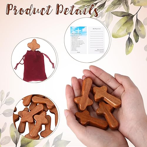 Vista 3 de Queekay Juego de 12 pequeñas cruces de madera a granel a granel de bolsillo de oración de mano cómodas cruces con bolsa de terciopelo y tarjetas