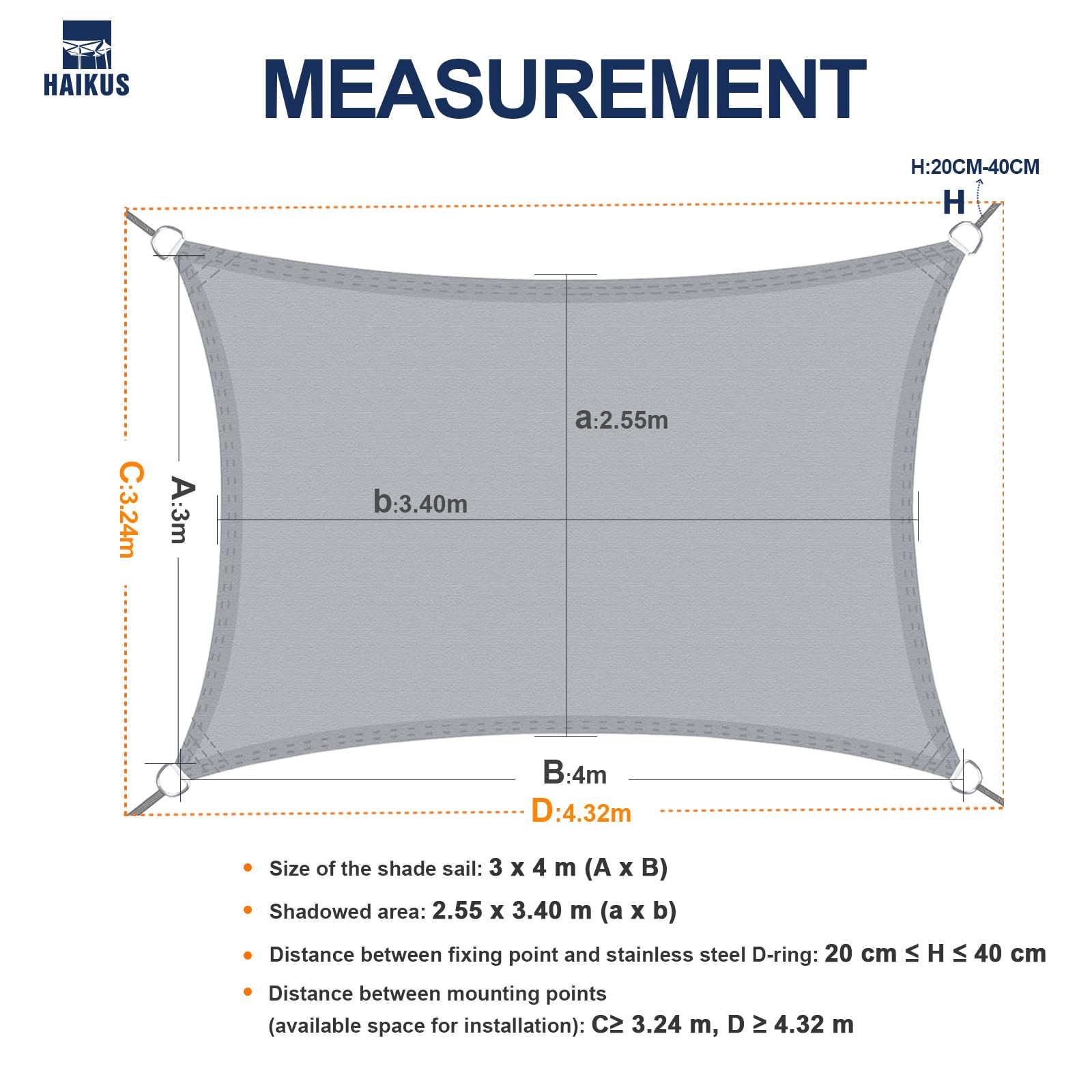 HAIKUS Tenda a Vela Ombreggiante Impermeabile Rettangolare 3x4 m, Protezione Raggi UV 98%, Telo Ombra 4x3, 400x300, Tenda da Sole per Esterno Giardino Terrazzo, Bianca beige