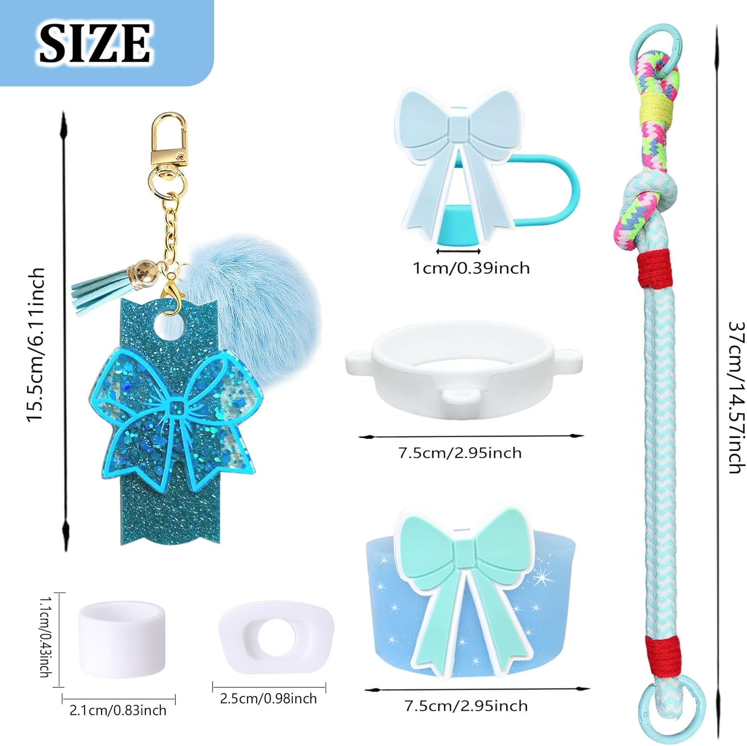 8Pcs Girly Bow Accessories Set for Stanley Cup 20oz30oz40oz, Including Straw Topper, Keychain Charms, Handle Strap, Silicone Boot, Bow Tumbler Lid Topper Compatible with Stanley Tumblers (Blue) - Image 7