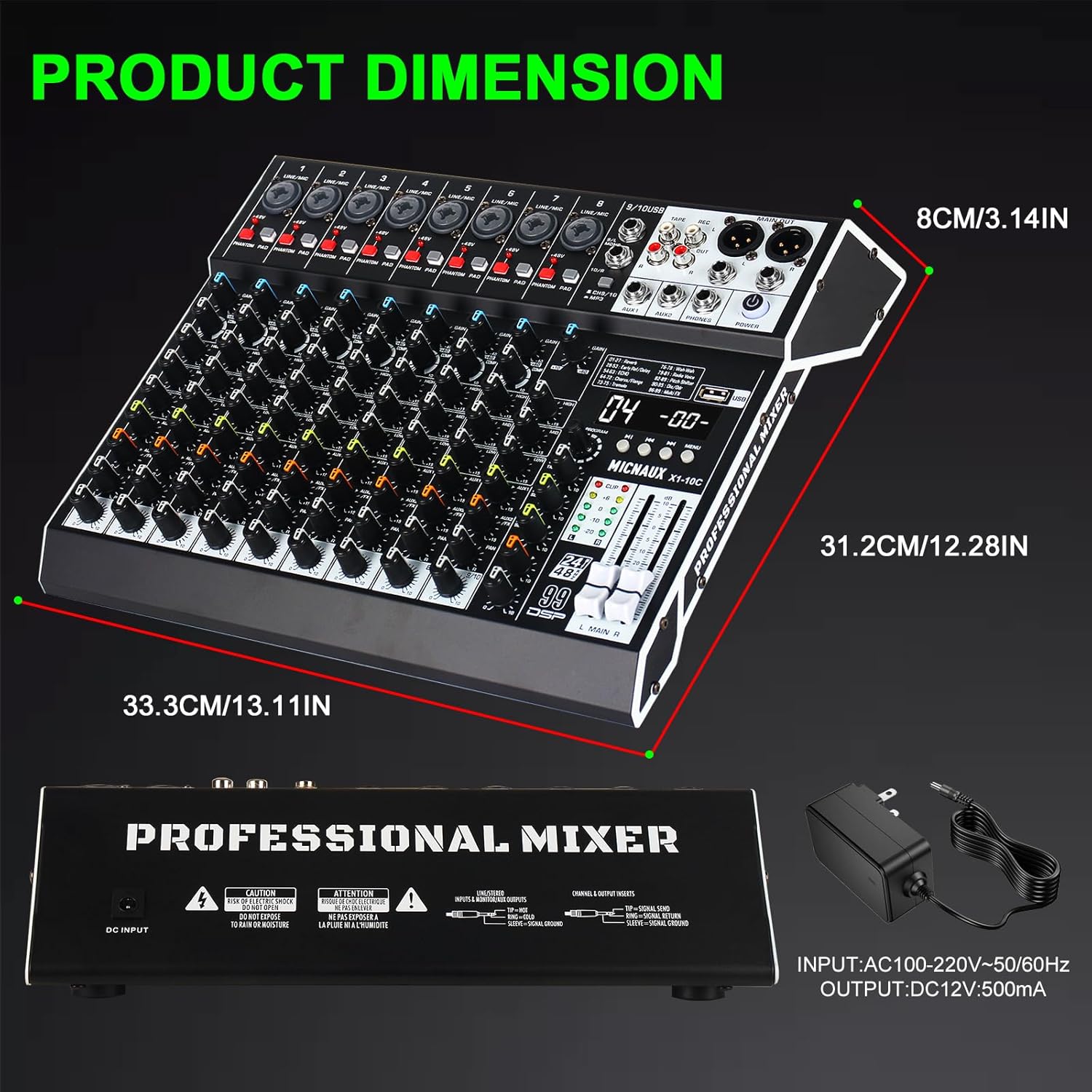 MICNAUX X1-10Channel Audio Mixer Product Dimensions