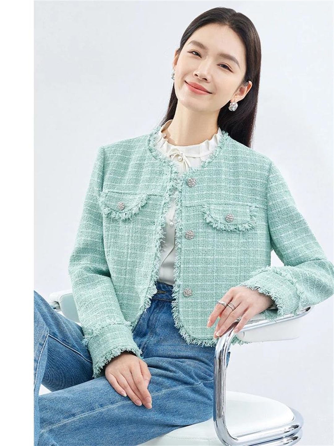 Giacche da donna in tweed testurizzato con nappe cappotto corto a maniche lunghe abbigliamento da esterno EN8 M, EN8, M