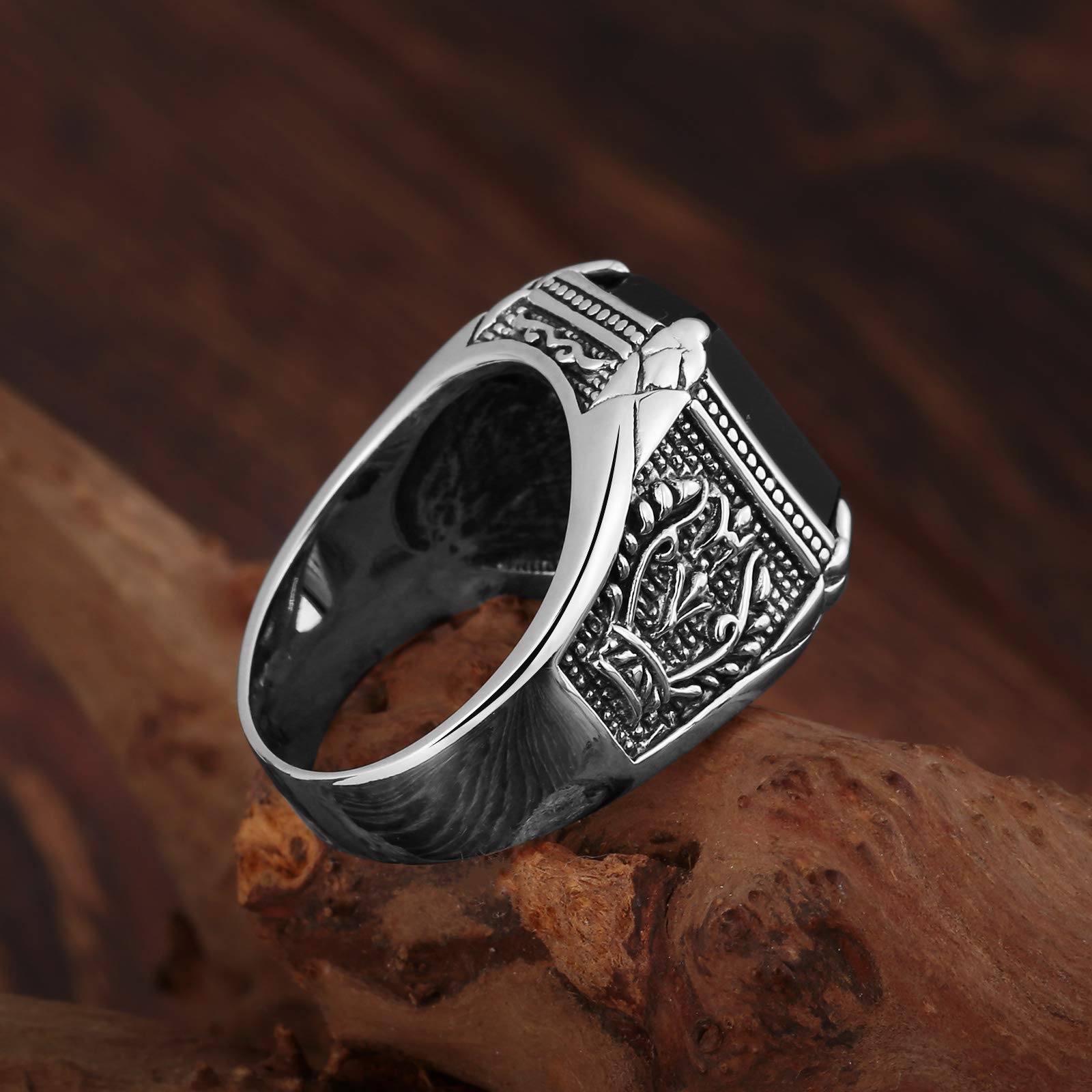 KnSam Anello Agata Nero Argento 925 Anello Intagliato Fantasia Uomo, Argento sterling
