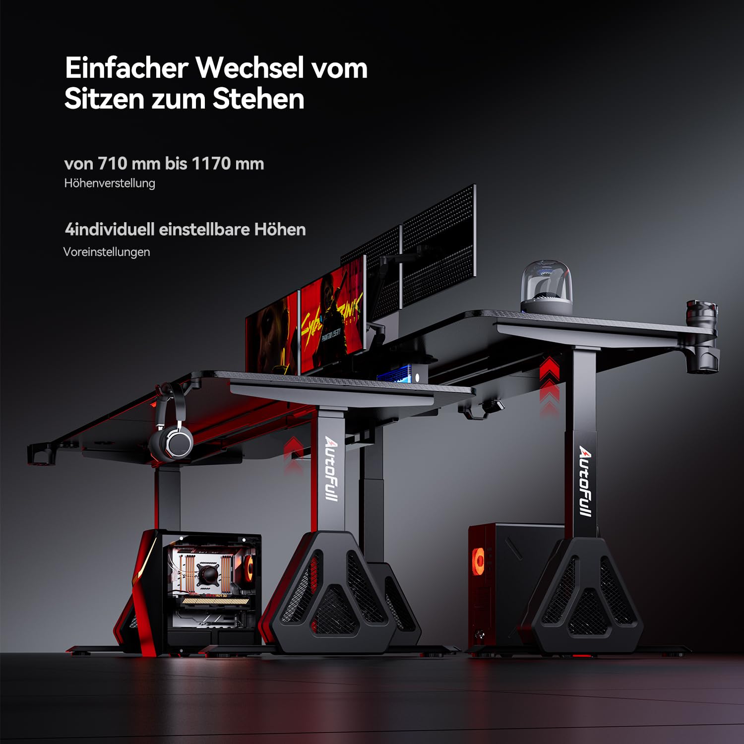 AutoFull A4 Pro Gaming Schreibtisch Höhenverstellbar Elektrisch, 160 x 70 cm Gaming Tisch mit Doppelmotor, Memory-Funktion, RGB Beleuchtung, 15W Kabelloses Laden & Kabelmanagement, Schwarz