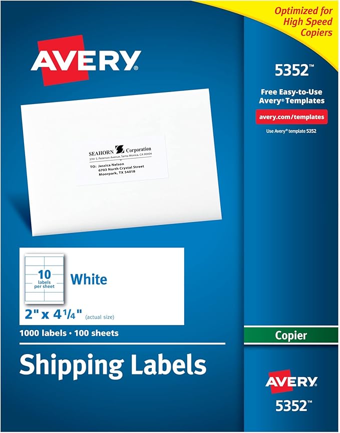 Avery Address Labels for Copiers, 2 x 41/4, Box of 1,000