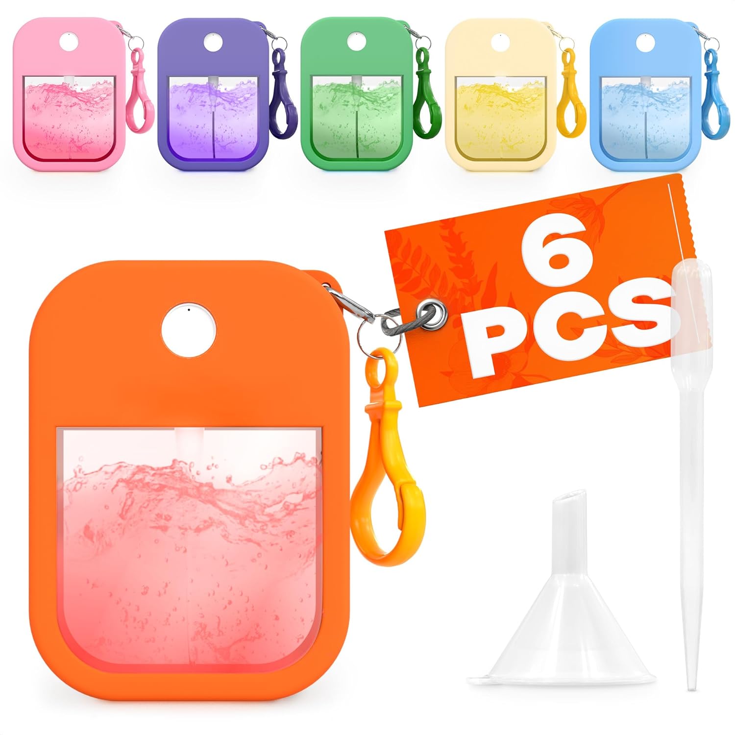 6Pcs Perfume Travel Refillable Spray Bottle 1.28oz – 3.5″x2.2″ Card Spray Bottles with Colorful Silicone Case & Keychain, Leakproof, TSA-Compliant, Compact Design for Office, Gym, and Travel Ease