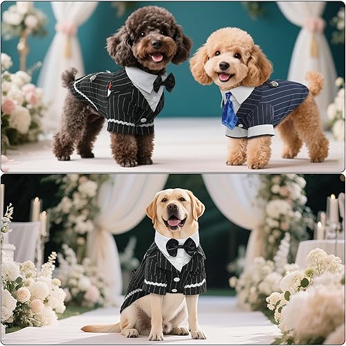 Miniatura 3 de DENTRUN - Traje de esmoquin para perro con corbatín - Camisa formal de rayas negras y blancas, elegante, para mascotas, atuendo de boda, fiesta de