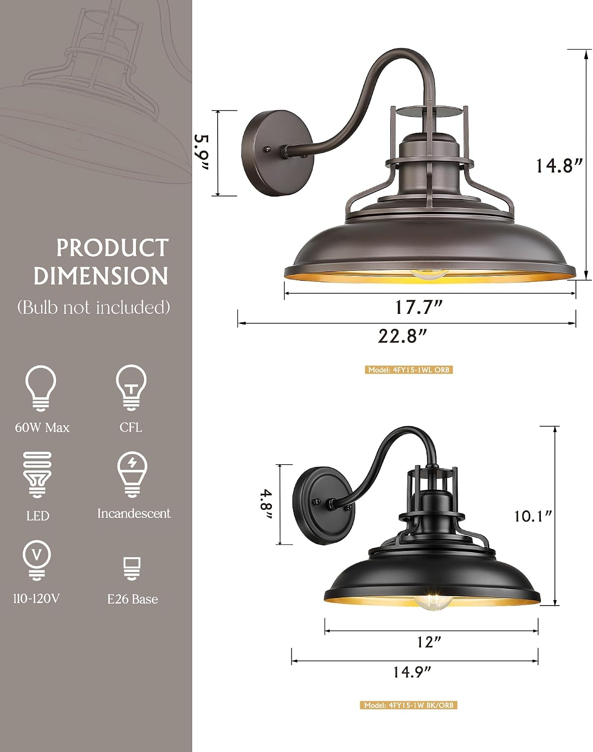 femila outdoor barn light fixture, 12" exterior lighting fixtures wall mount, 2 pack farmhouse outdoor sconce front porch light for garage, patio, black & gold finsih 4fy15-1w-2pk bk matte black & gold 12" 2
