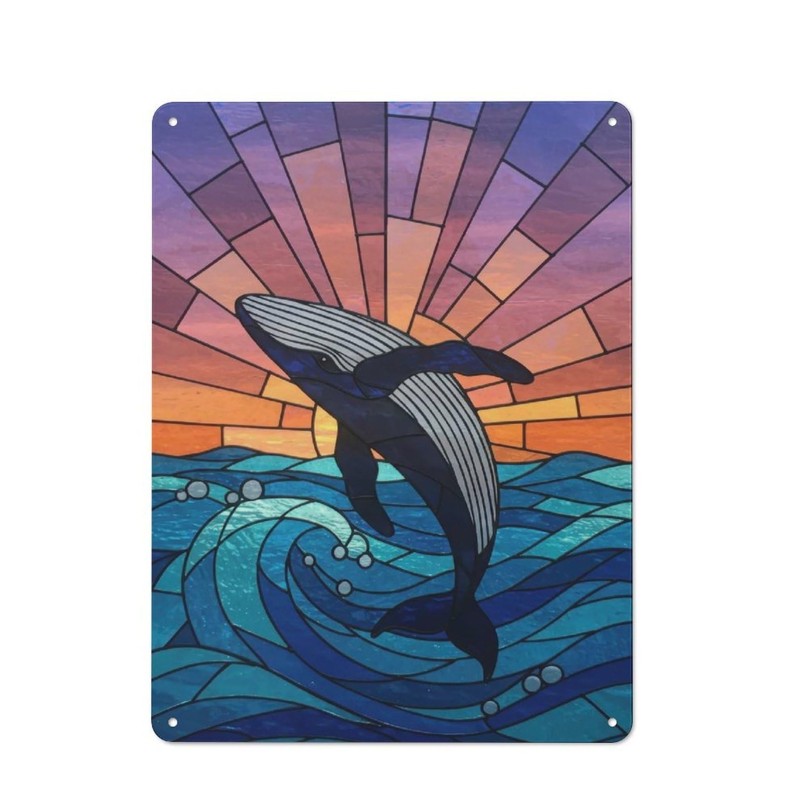 Junmoney Stained Glass Whale Leaping From Ocean For Garden Room Or Summerhouse, Rustic Tin Sign 40X30cm, Wall Decor For Garden Rooms And Summerhouses