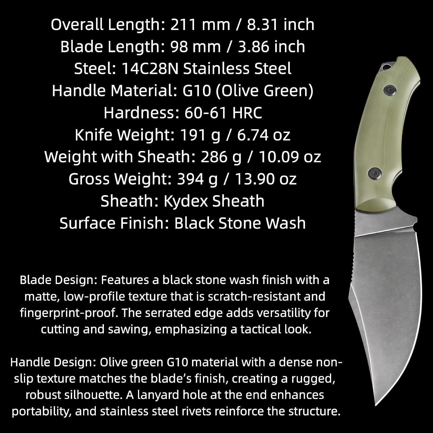 Knife, Camping Knives & Tools, 14C28N Steel, HRC 60-61, Fixed Blade, Hunting Knife with non-slip G10 Handle, Kydex Sheath, Full Tang Outdoor Knife for Bushcraft, Hiking Gear, Gifts for Men