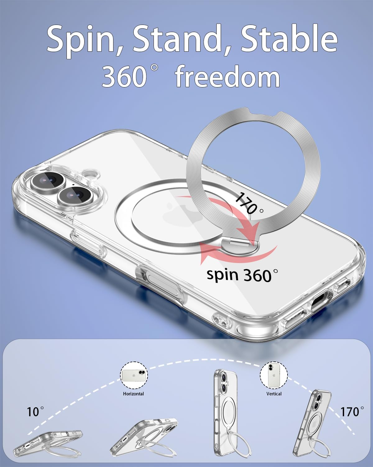 for iPhone 17 Case Clear with 360°Spin Magnetic Stand,Compatible with MagSafe, Military-Grade Slim Protective Cover Kickstand & Ring Holder,Transparent 6.3"