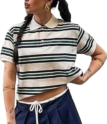Women Short Sleeve Rugby Shirts Summer V-Neck Striped Polo Shirt Vintage Lapel Y2k Crop Tops Preppy Clothes