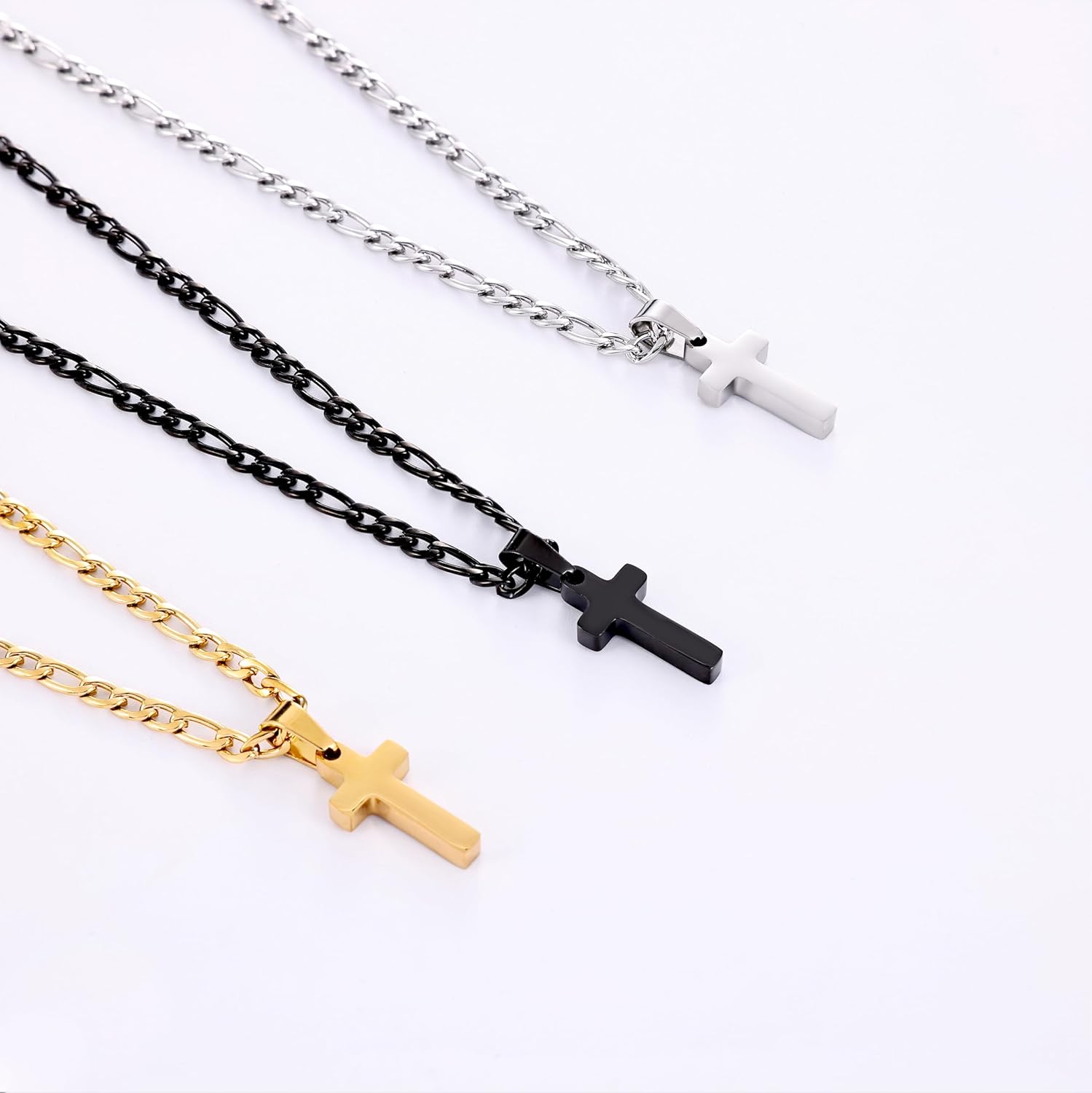 Fiusem Silver Tone Cross Necklace for Men, Stainless Steel Mens Cross Necklaces with 3.5mm Figaro Chain, Pendant Chain 16-24 Inches - Image 5