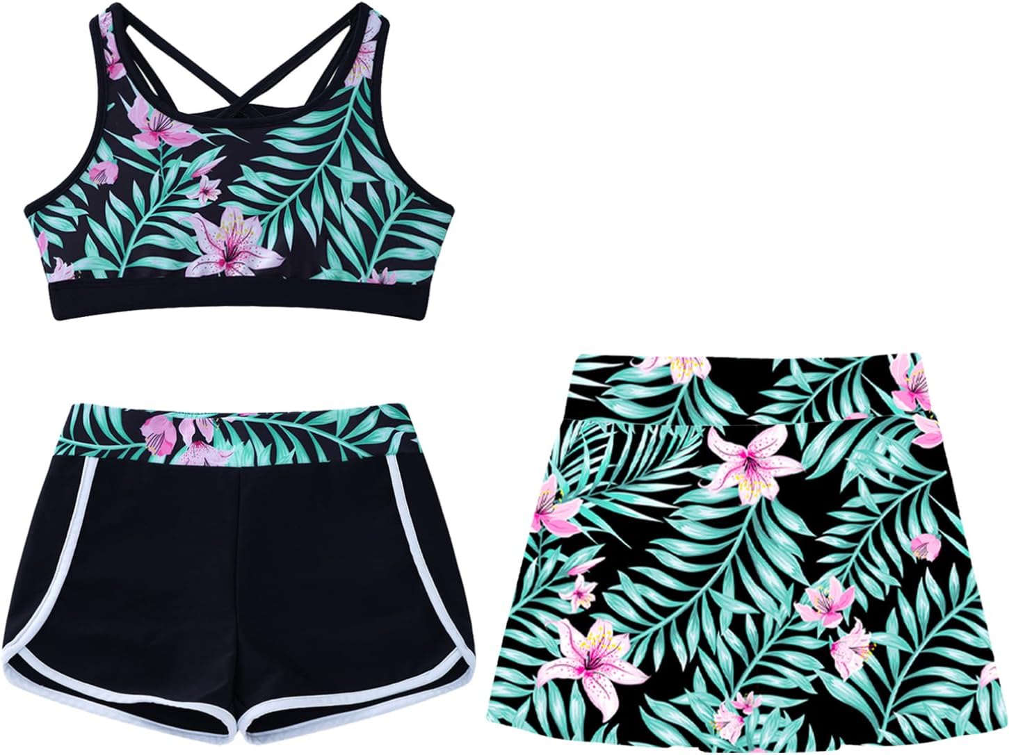Flower Girls Rash Guard Swimsuit Floral Printed Tankini Set with Beachwear Cover Ups Bottoms