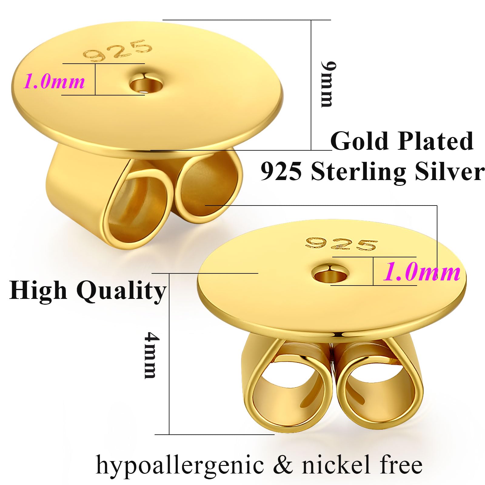 Fermaorecchini 18K Oro Bianco Su Argento 925 - Regolabili, Ipoallergenici - 2 Paia (4 Pezzi) - Miaofu