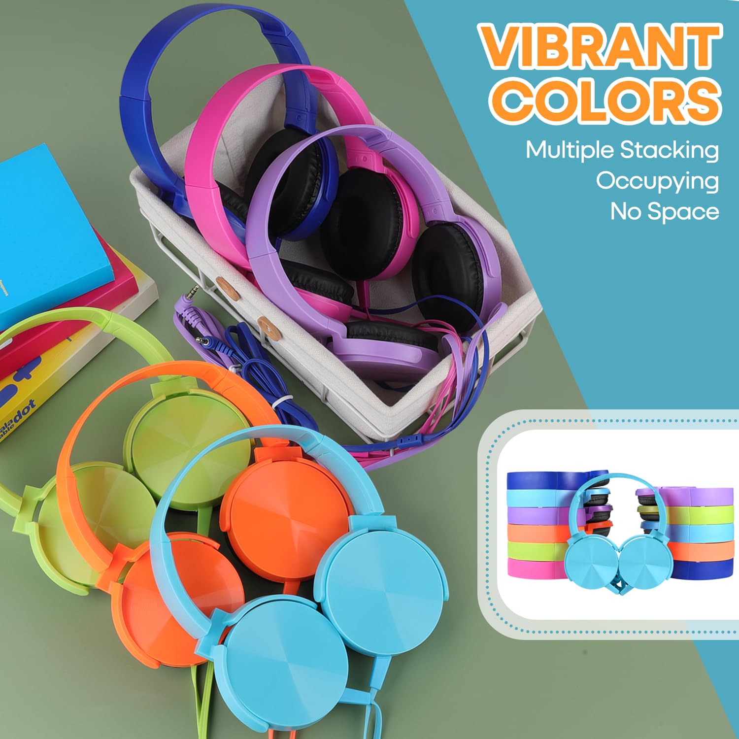 Set di 12 cuffie da scuola per bambini multicolori stereo over ear auricolari auricolari cablati per studenti, comodi auricolari girevoli per bambini, biblioteca aereo online apprendimento e viaggio