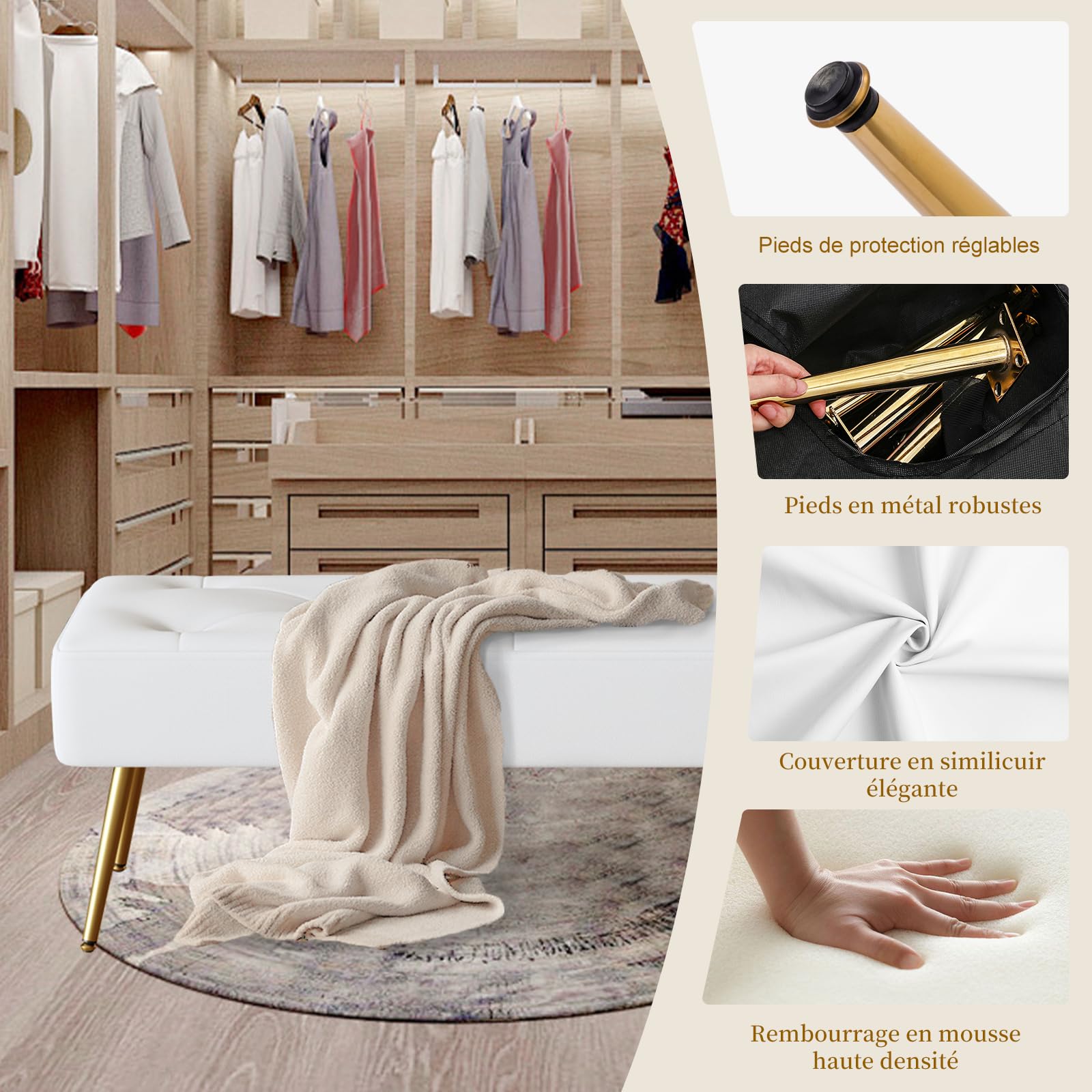 Banc Bout de Lit Banquette, Banc d' Entrée Capitonnée Assise Rembourré en Cuir PU 113.5x36.5x43cm avec Pieds en Métal pour Entrée Salon Chambre à Coucher, Blanc